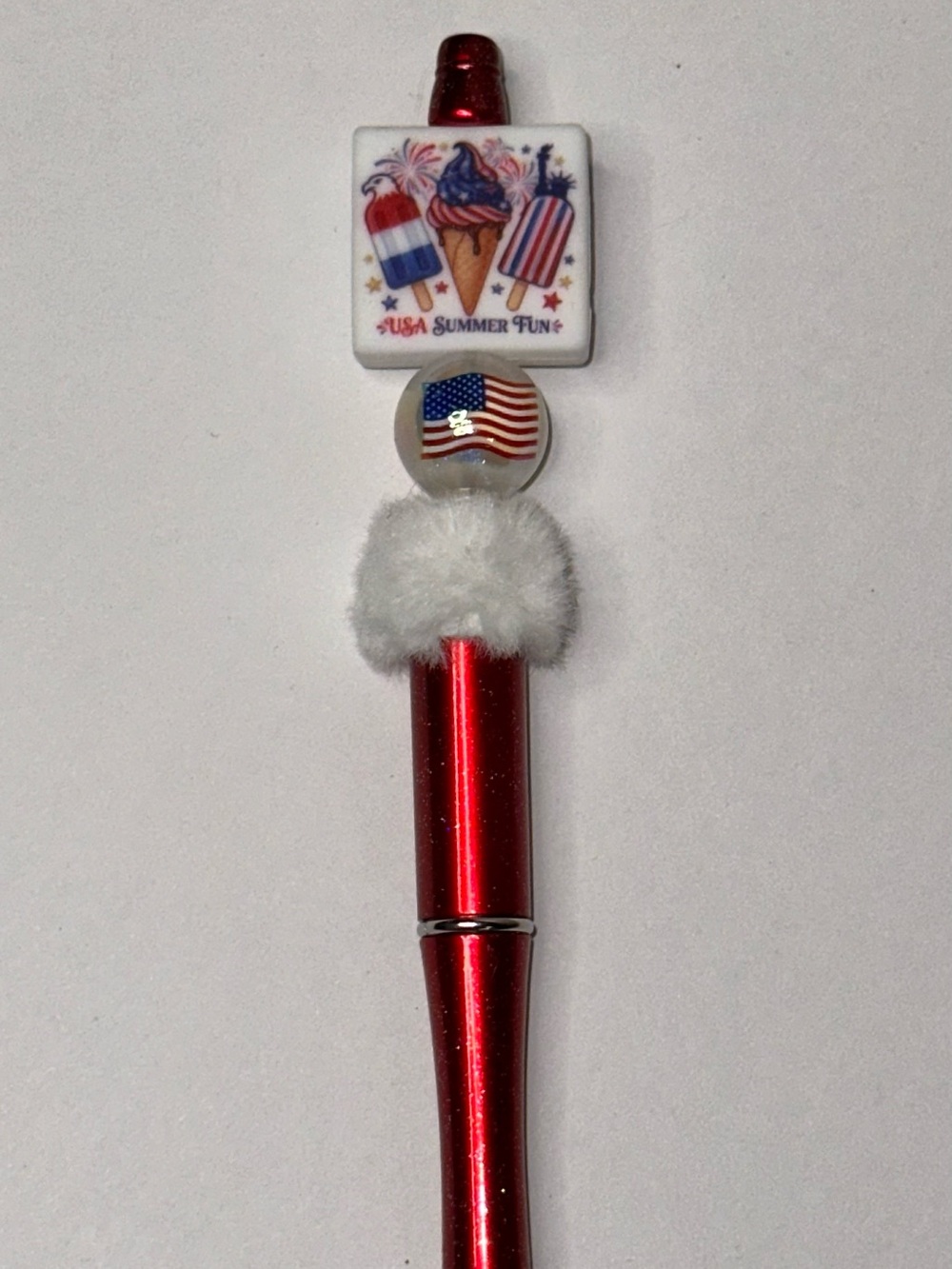 Patriotic Red Beaded Pen with USA Summer Fun Charm - 4th of July